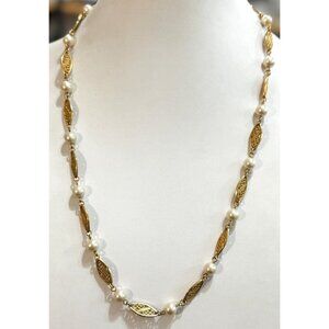 Vintage Avon Faux White Pearl Gold Tone Scroll Link Station Necklace